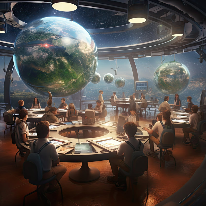 Picture of classroom in the future. students sit in circular tables with computers built inside