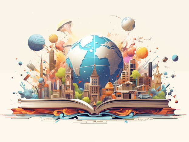 Picture of the world popping out of a book with skyscrapers and planets pouring out