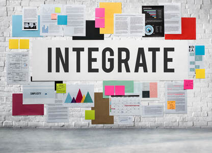 Picture of the word integrate on a white brick wall