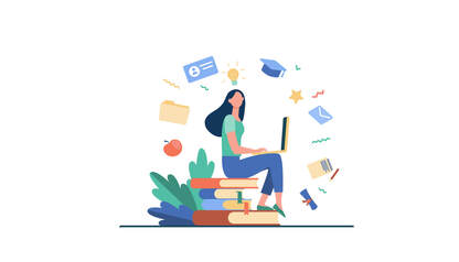Picture of student sitting on books with educational material floating around her